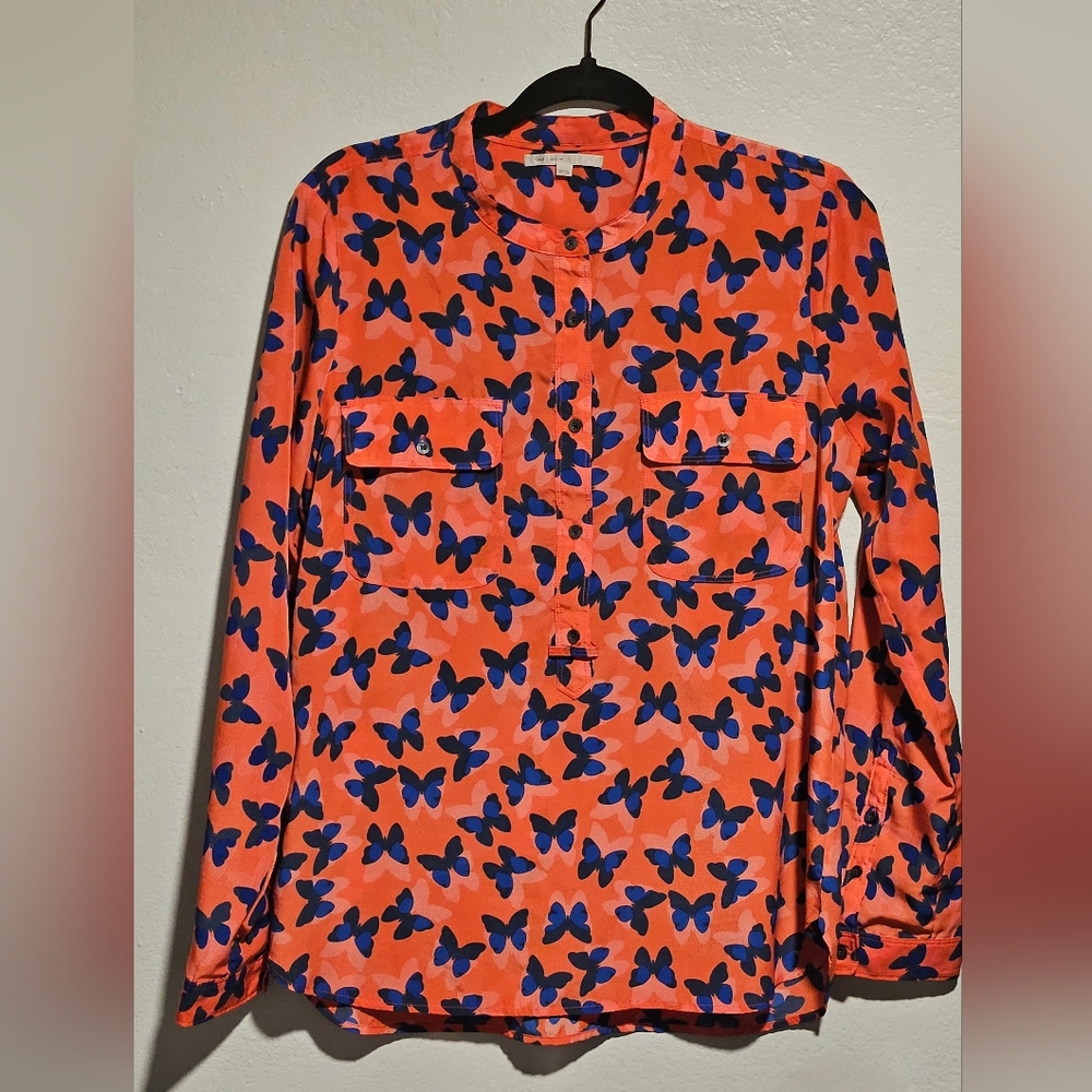 GAP Vibrant Orange Blouse with Blue Butterfly Pattern